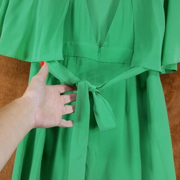 ALEXIS Midi Dress Womens Size 0 Green Cape Sleeve Tiered 100% Silk CATELINE - Picture 7 of 15
